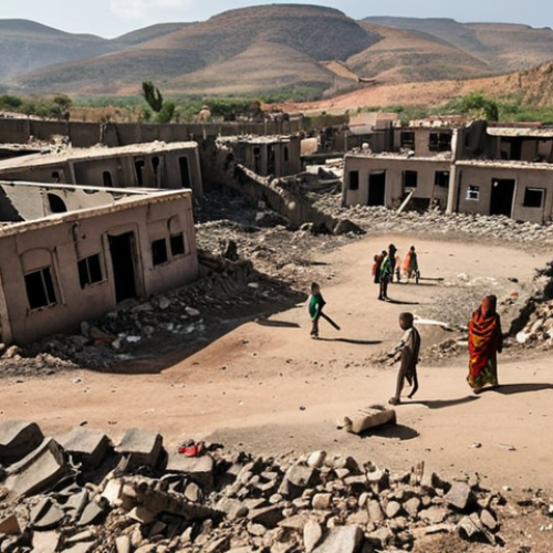 **

Prompt: A desolate landscape in Tigray, Ethiopia. Displaced people are shown seeking shelter amidst destroyed infrastructure. Focus on the human impact of the conflict, conveying a sense of despair and urgency for humanitarian aid.

**