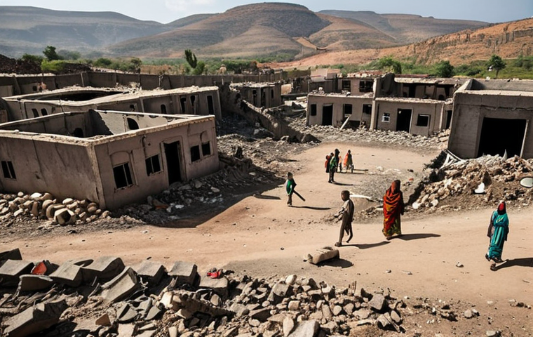 **
Prompt: A desolate landscape in Tigray, Ethiopia. Displaced people are shown seeking shelter amidst destroyed infrastructure. Focus on the human impact of the conflict, conveying a sense of despair and urgency for humanitarian aid.
**