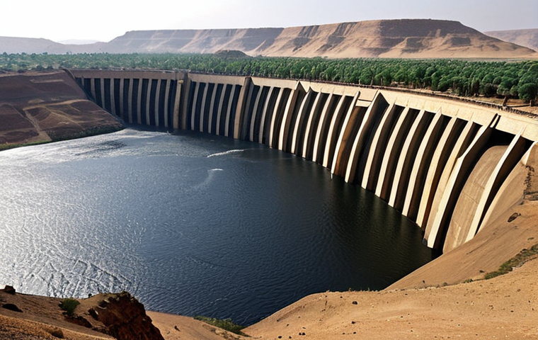 **Prompt 1: The Nile's Precarious Balance**
"A majestic, modern dam standing strong amidst a vast river basin. On one side, a vibrant, developing Ethiopian landscape with burgeoning industry and fertile fields, bathed in the morning light. On the other side, downstream, the Nile flows into arid lands, with subtle hints of ancient Egyptian agriculture and the weight of water scarcity. The overall mood is one of tension yet also the potential for delicate balance and shared future. Highly detailed, photorealistic, wide shot capturing the scale of the dam and the diverse landscapes."