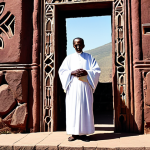 An elderly, serene Ethiopian Orthodox monk wearing modest, traditional white monastic robes, fully clothed. He stands reverently at the entrance of the rock-hewn church of Beta Giyorgis (Saint George's) in Lalibela, Ethiopia. The intricate, cross-shaped structure is carved directly into the red rock, bathed in natural light. The background shows the unique architecture of the ancient site. Professional photography, hyperdetailed, perfect anatomy, correct proportions, natural pose, well-formed hands, proper finger count, natural body proportions, safe for work, appropriate content, fully clothed, modest clothing, family-friendly.