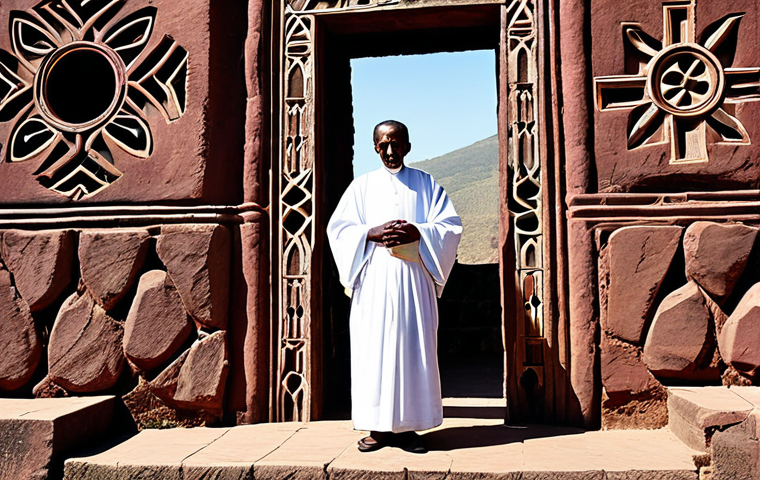 An elderly, serene Ethiopian Orthodox monk wearing modest, traditional white monastic robes, fully clothed. He stands reverently at the entrance of the rock-hewn church of Beta Giyorgis (Saint George's) in Lalibela, Ethiopia. The intricate, cross-shaped structure is carved directly into the red rock, bathed in natural light. The background shows the unique architecture of the ancient site. Professional photography, hyperdetailed, perfect anatomy, correct proportions, natural pose, well-formed hands, proper finger count, natural body proportions, safe for work, appropriate content, fully clothed, modest clothing, family-friendly.