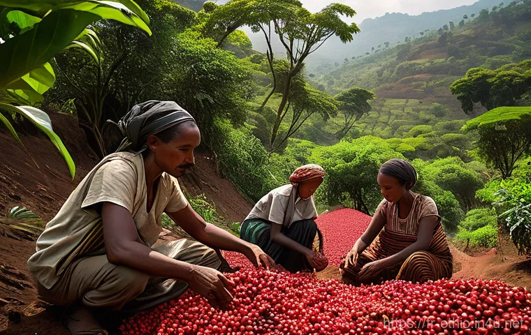 에티오피아 커피 관련 산업과 비즈니스 기회 - Prompt 1: Traditional Ethiopian Coffee Harvest**