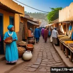Home 21 에티오피아 하라르 성벽 도시 탐방 - A vibrant narrow street scene in the old city of Harar, Ethiopia, bustling with daily life: colorful...