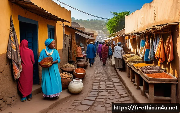 에티오피아 하라르 성벽 도시 탐방 - A vibrant narrow street scene in the old city of Harar, Ethiopia, bustling with daily life: colorful...