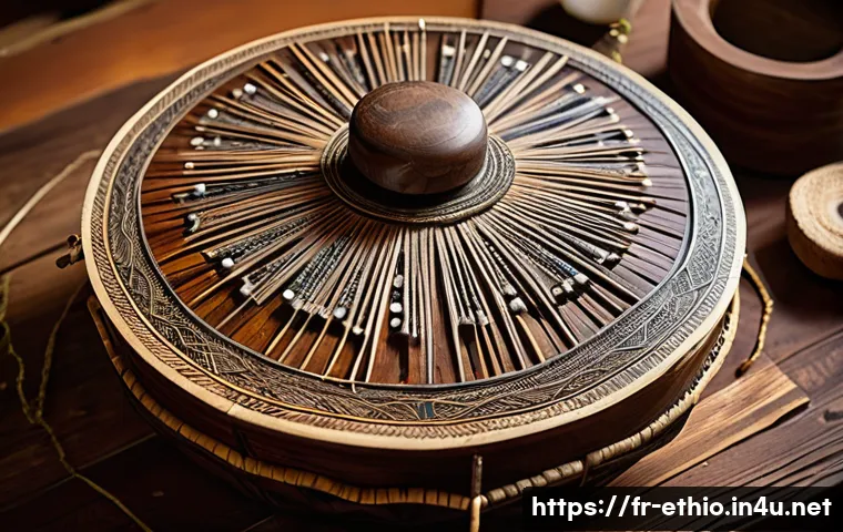 에티오피아 전통 악기 크라르 - A detailed close-up of a traditional Ethiopian string instrument crafted from finely carved local wo...