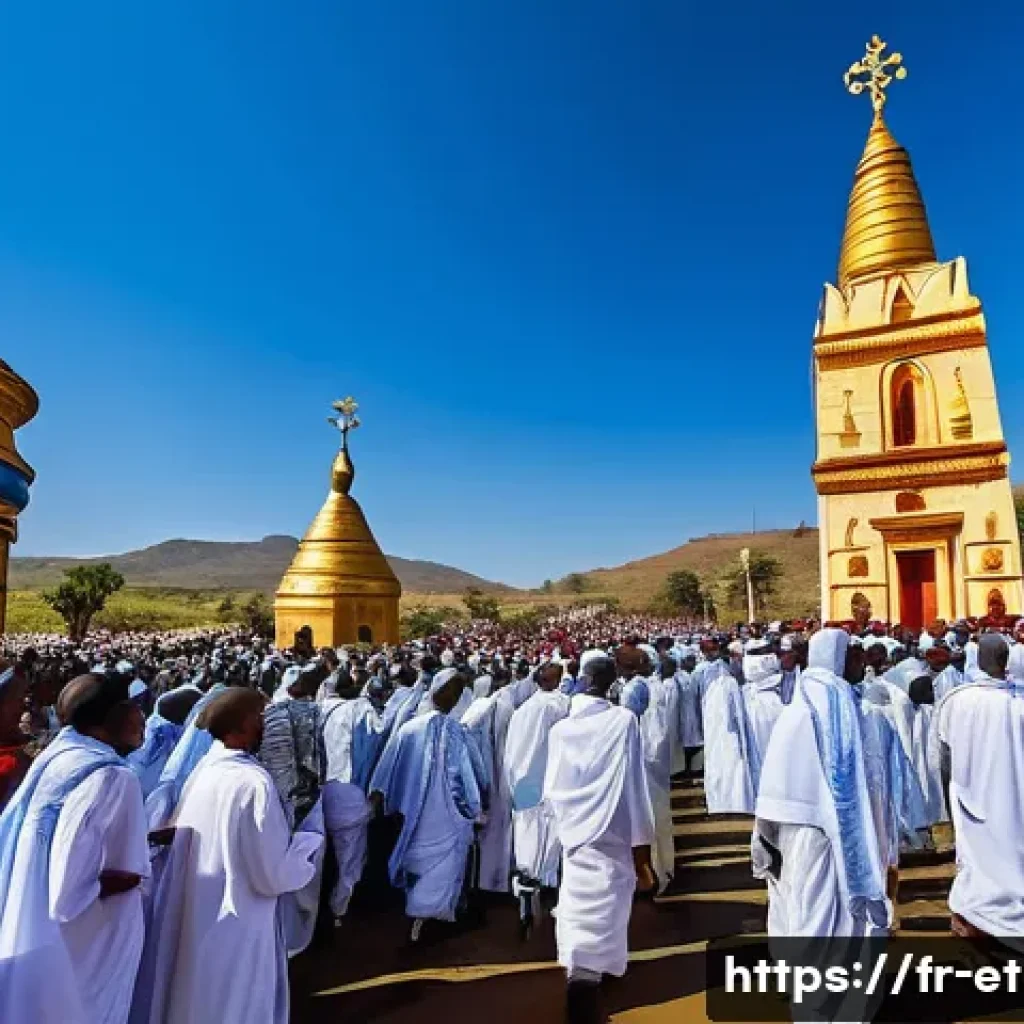 에티오피아 주요 축제와 행사 - A vibrant and detailed scene of the Timkat festival in Ethiopia, showcasing a solemn religious proce...
