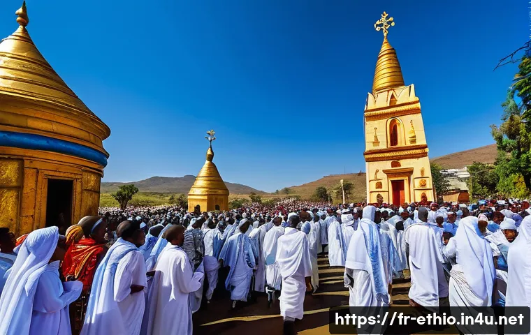 에티오피아 주요 축제와 행사 - A vibrant and detailed scene of the Timkat festival in Ethiopia, showcasing a solemn religious proce...