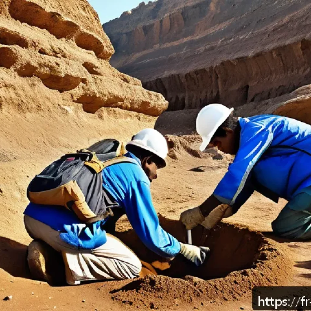 에티오피아 인류학과 고고학 탐사 - A detailed archaeological scene depicting Ethiopian paleoanthropologists carefully excavating ancien...