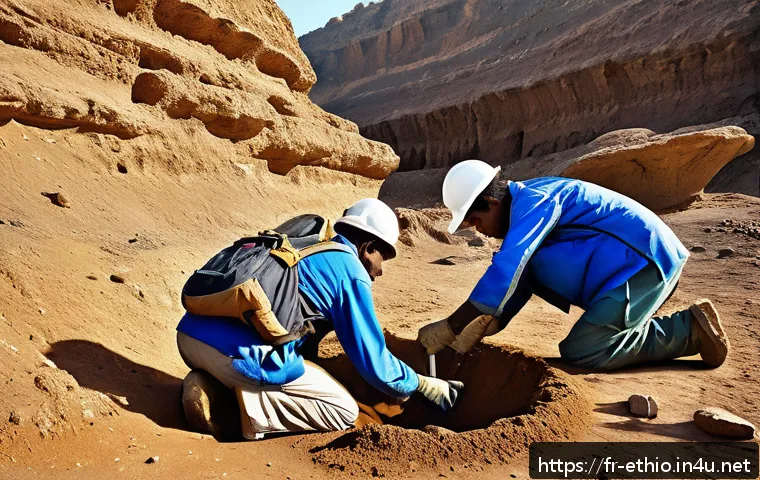 에티오피아 인류학과 고고학 탐사 - A detailed archaeological scene depicting Ethiopian paleoanthropologists carefully excavating ancien...