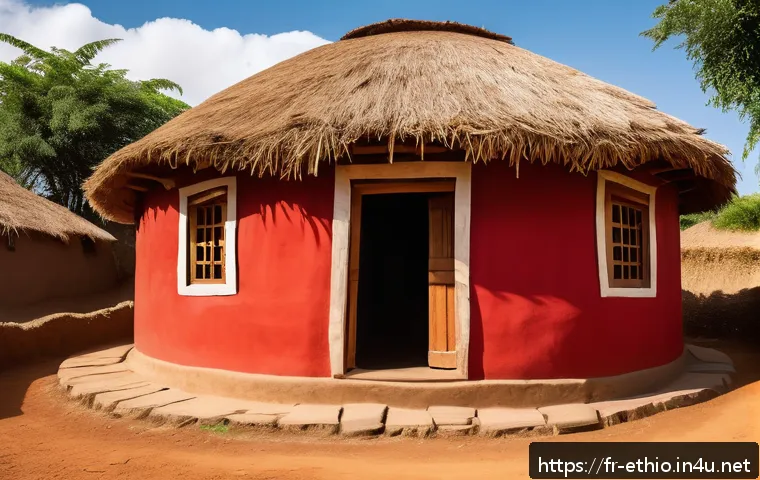 에티오피아의 전통 건축 양식 - A traditional Ethiopian round house made of handcrafted banco walls with visible textured patterns o...