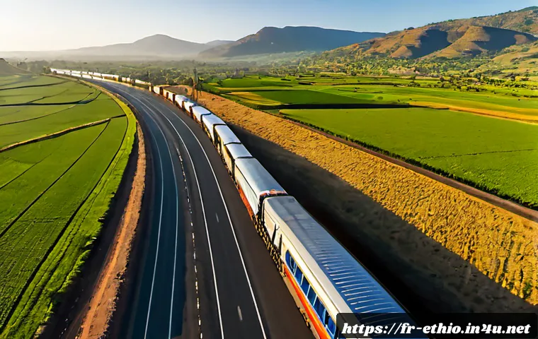 에티오피아 내륙 교통망 분석 - Photorealistic aerial view of Ethiopia’s inland transport network, a modern freight train traveling ...