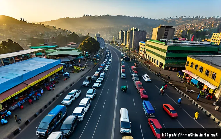 에티오피아 경제 성장과 한계점 - Photorealistic wide-angle view of Addis Ababa at sunrise, modern high-rise construction cranes and n...