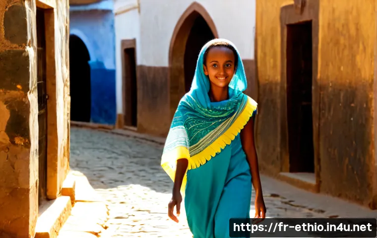 에티오피아를 배경으로 한 영화 - Photorealistic cinematic wide shot of a young Ethiopian woman walking along a sunlit cobblestone str...