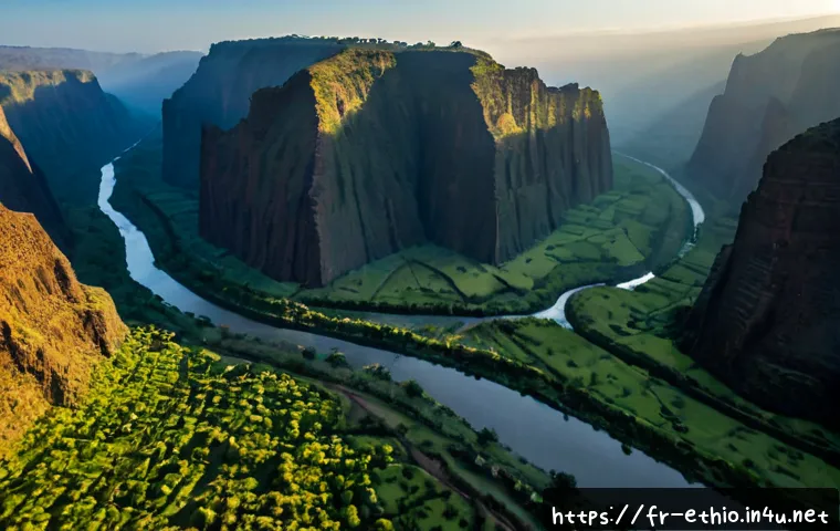 에티오피아의 주요 강과 하천 - Photorealistic aerial landscape of Ethiopia’s Blue Nile River winding through a deep green highland ...